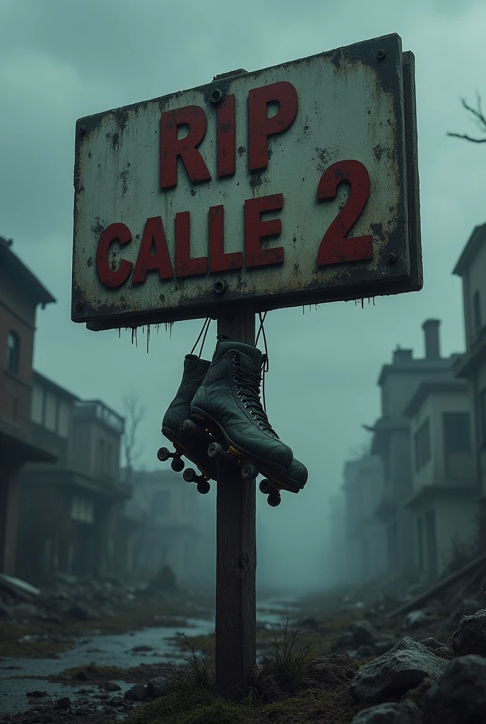 An image of a sign that says rip calle 2 and that has some skates hanging with an apocalyptic background