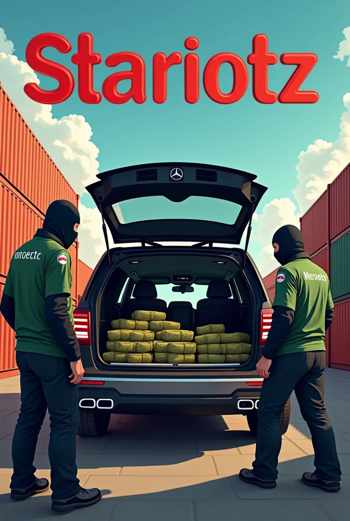 An animated image where a container full of packaged weed is being unloaded in a container port by several people and all people are wearing a Moroccan jersey and are fully masked and with weapons and the weed is being loaded into the trunk of a Mercedes SUV. and at the top of the image the name „STARIOTZ“ is written in big large letters