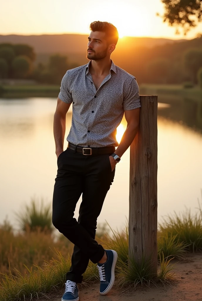 A white man, at 33 years old, model type, with short dark hair, with blue eyes, wearing a flowered shirt buttoned all the way up, black pants with belt, tennis, leaning against a wooden post on a lake in the Alentejo at sunrise