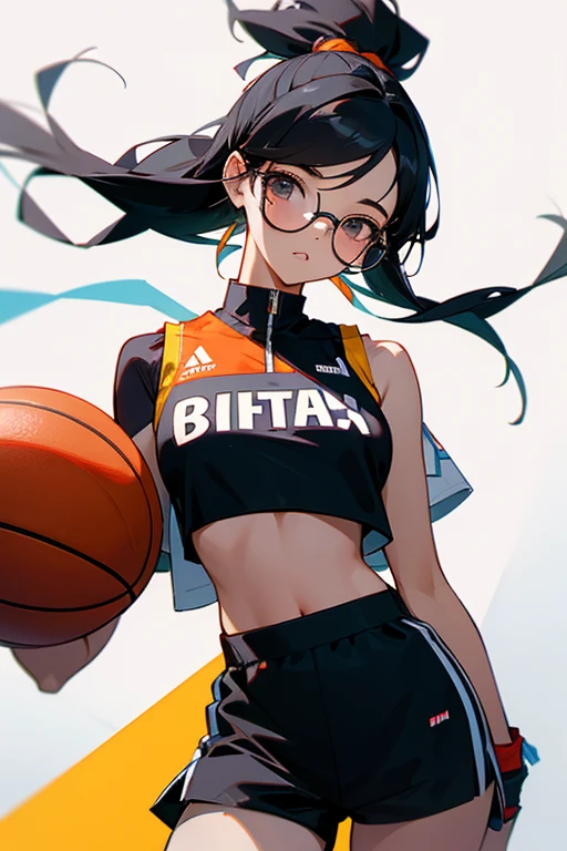 A girl wearing glasses, tied up her black hair, in a basketball outfit with a crop top and shorts.