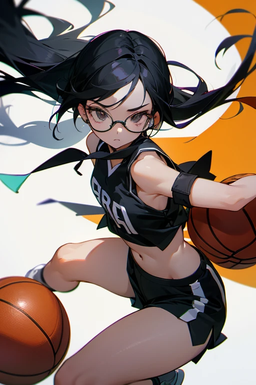 A girl wearing glasses, tied up her black hair, in a basketball outfit with a crop top and shorts.