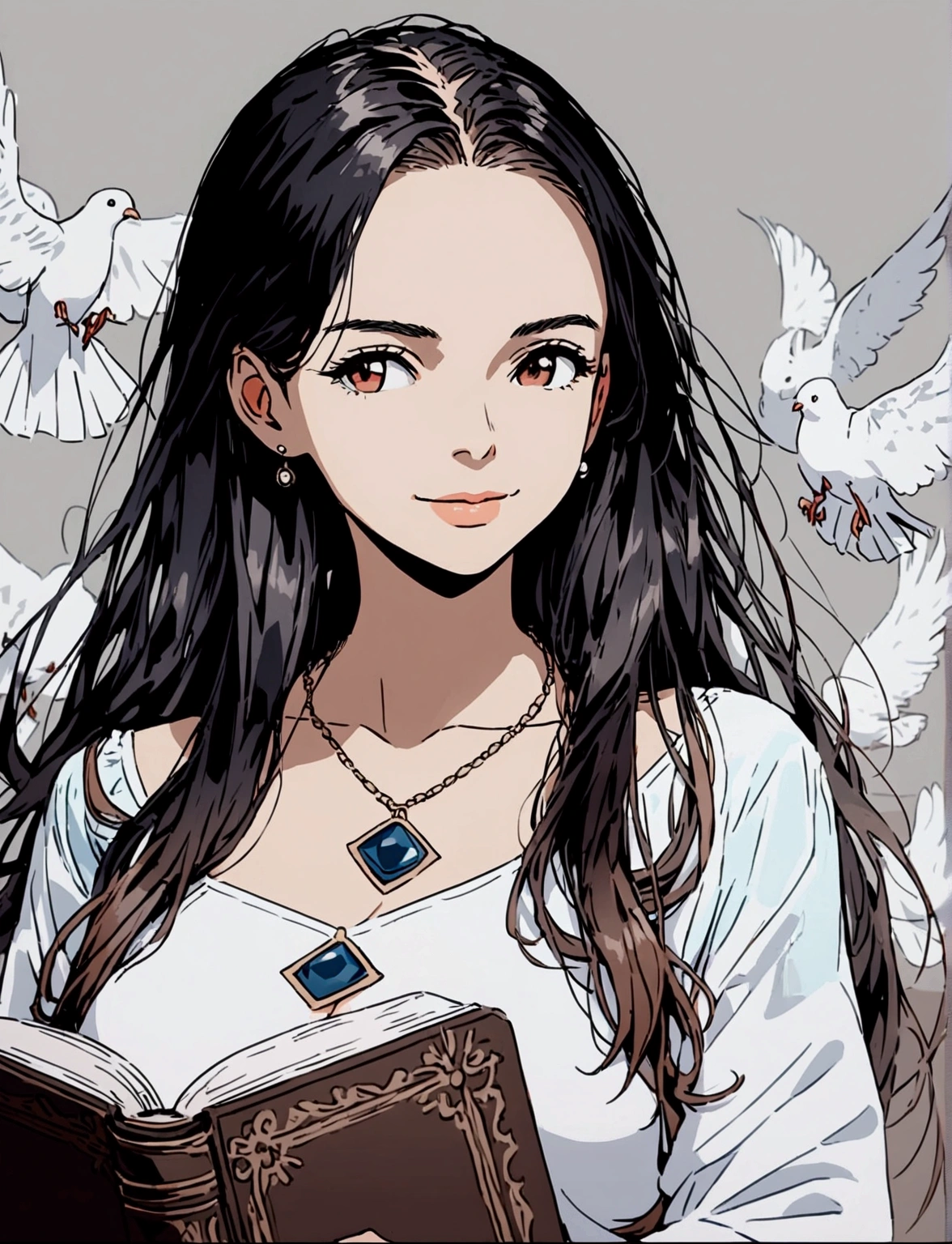 White doves flying in the background, clouds and holding the holy bible, and the eye-shaped pendant.