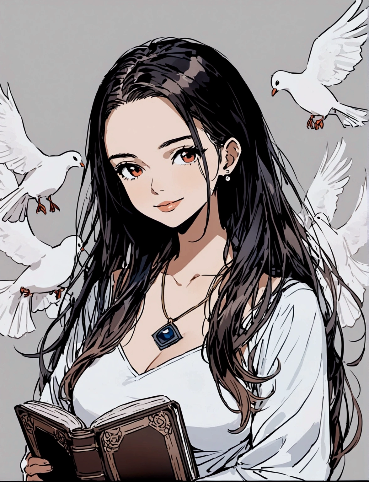 White doves flying in the background, clouds and holding the holy bible, and the eye-shaped pendant.