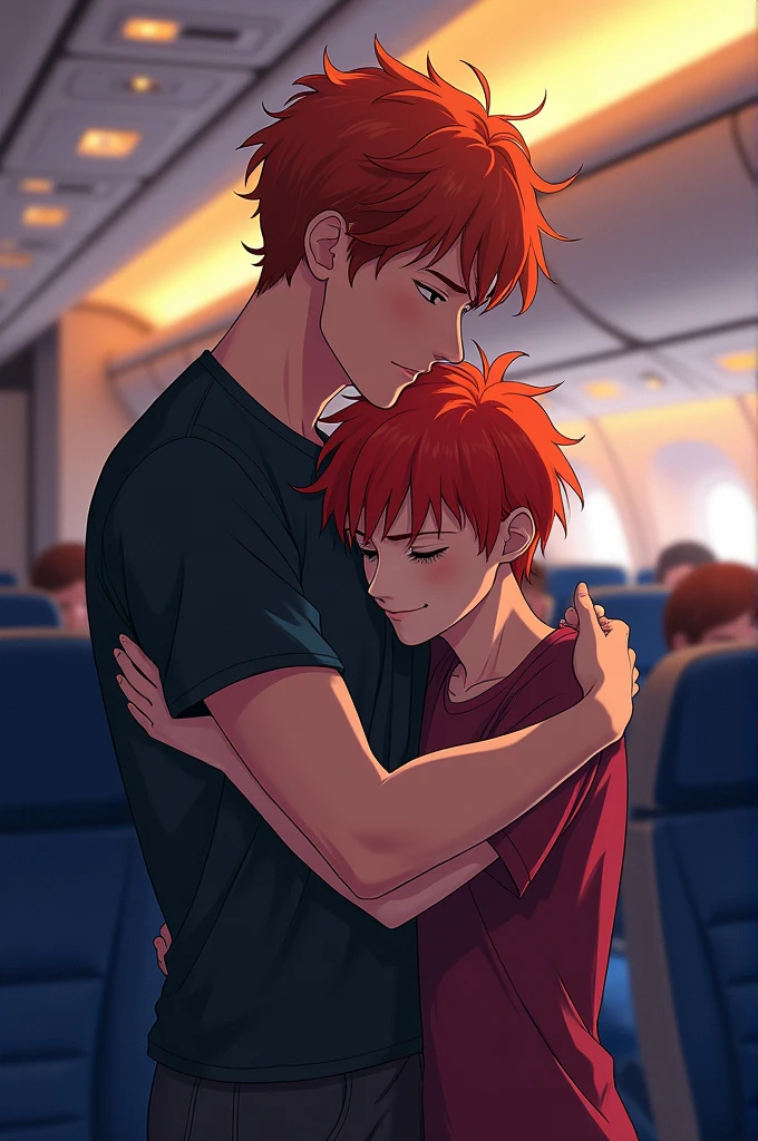 Tall man in his 30s with slightly curly red hair hugging another 22-year-old boy, straight red hair with somewhat emo hairstyle, lower than the first, in anime style in American plane