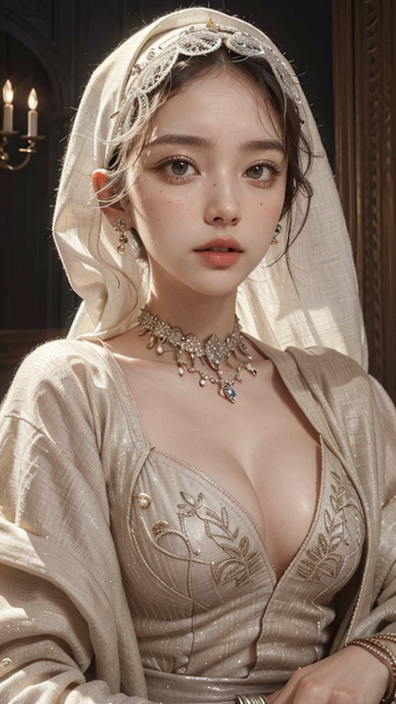 beautiful detailed eyes, beautiful detailed lips, extremely detailed eyes and face, longeyelashes, 1girl, wearing hijab, nude, large breasts, intricate detailed clothing, ornate jewelry, elegant pose, photorealistic, highly detailed, dramatic lighting, cinematic composition, vibrant colors, chiaroscuro, renaissance painting style
