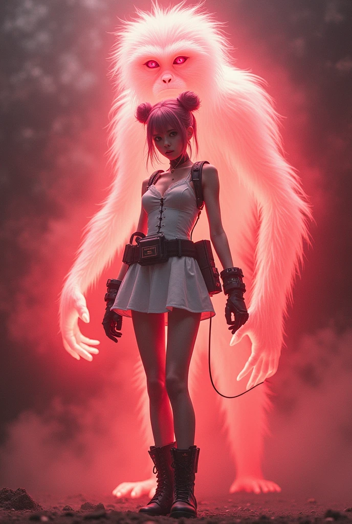 White miniskirt dress with black boots、Full image of a girl in combat gear with pink eyes、Monkey Background、Ghost of a monkeyのオーラが背景、Pink eyes and twin bun hair、A beautiful girl in a white one-piece dress and combat gear is surrounded by a red monkey aura in the background.、Full image of the girl、Smaller breasts、Ghost of a monkey、Ghost of a monkey
画像全体を枠内に収まるように。