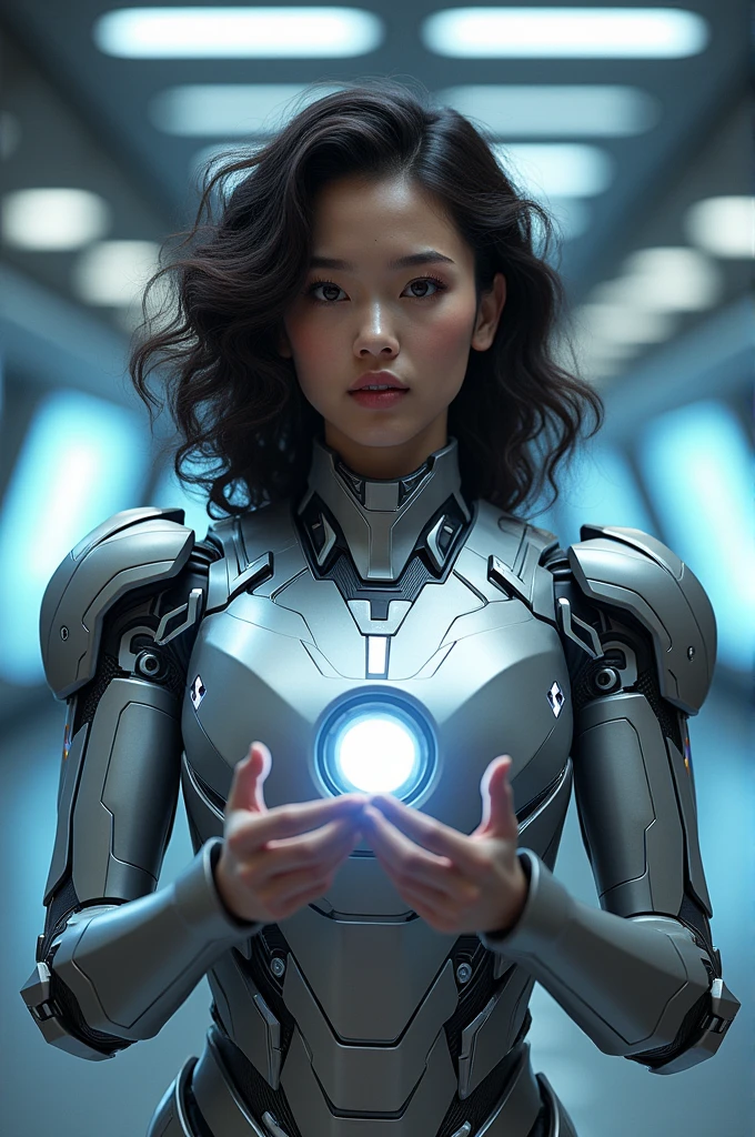 Asian girl with curly hair and a mole near her mouth holding an Ironman suit 
