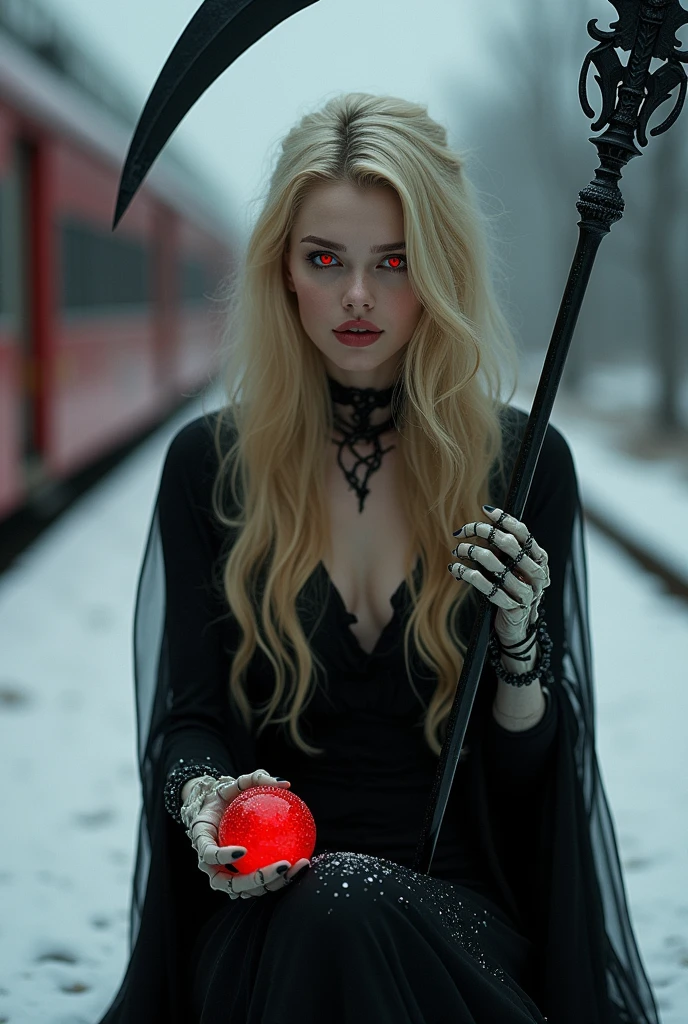 The angel of death with big scythe like a beautiful blonde woman red eyes smiling and bone hand and a red ball dressed in black with black veil sitting in a snowy train station