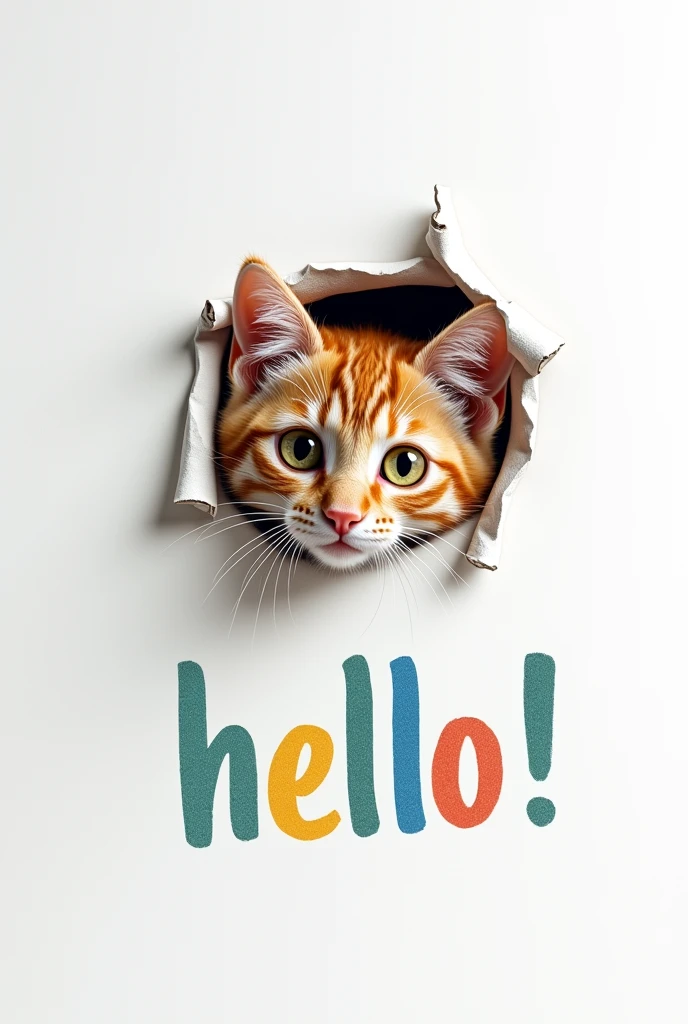 White wallpaper background，A cat made a hole and exposed its head，Colorful handwriting below reads &quot;hello&quot; !” High realistic style，Extremely realistic，HD。