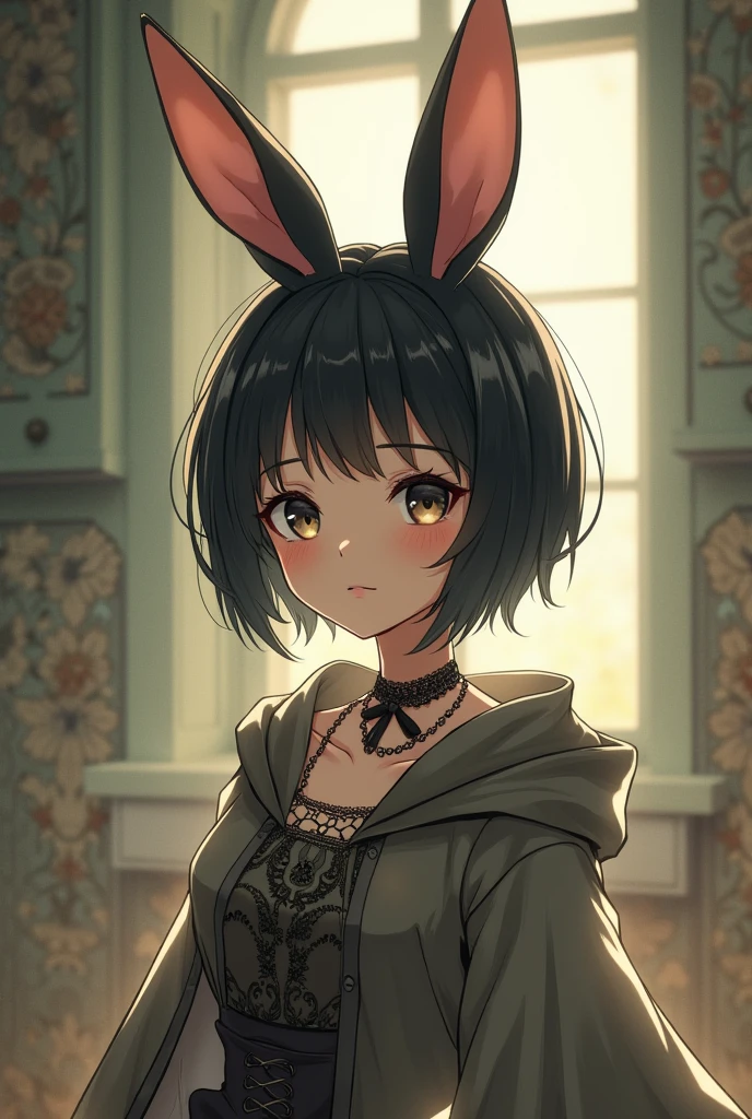 furry,anime girl, coelha, cute girl, human girl, rabbit ears, little red hiding hood, woman ,big boobs, black hair, tall , short hair , arms, antique clothes, short hair Short hair, short hair, little hair