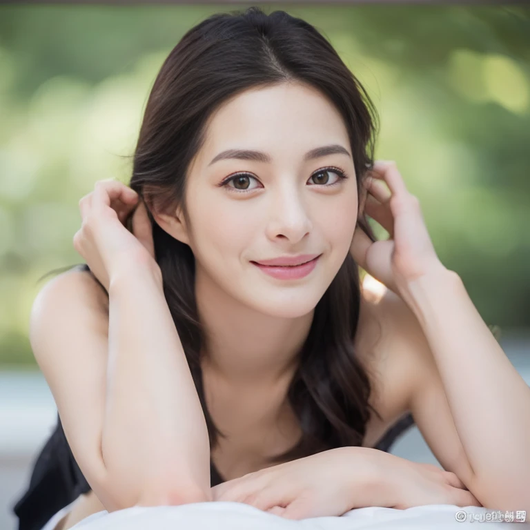 a Close-up portrait of gorgeous smiling cute Japanese woman in a nudity outfit, delicate facial features, porcelain-skinned, ponytail, a fusion of young Marion Cotillard's striking eyes and young Anne Hathaway's introspective gaze, long and slender cute face, Asian winged eyes, wavy nose, full wide lips, flowing very long straight black hair in the air, silhouette, bokeh,