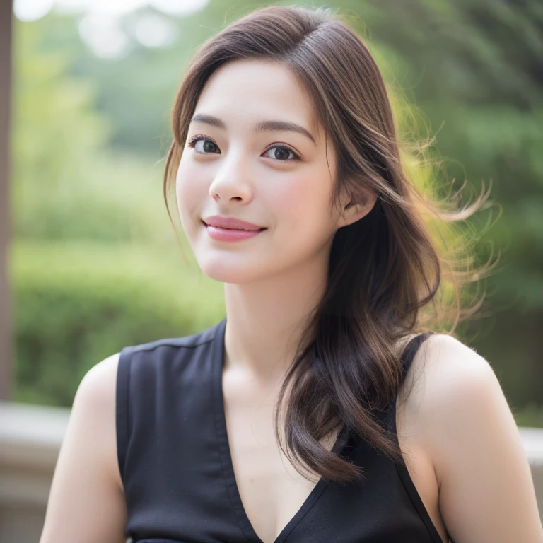 a Close-up portrait of gorgeous smiling cute Japanese woman in a nudity outfit, delicate facial features, porcelain-skinned, ponytail, a fusion of young Marion Cotillard's striking eyes and young Anne Hathaway's introspective gaze, long and slender cute face, Asian winged eyes, wavy nose, full wide lips, flowing very long straight black hair in the air, silhouette, bokeh,