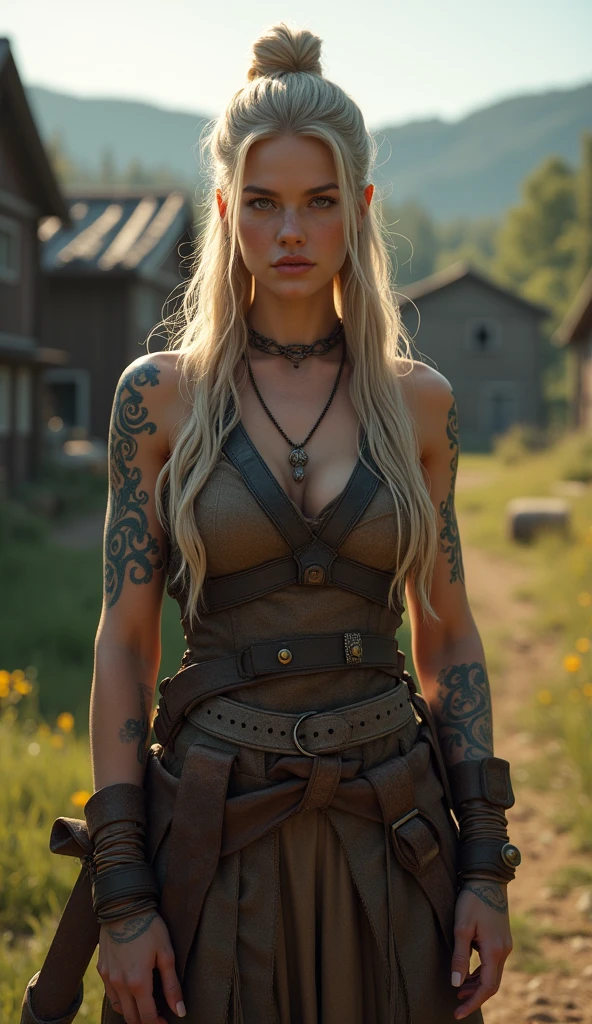 In the background of a background village,, an ultra-realistic woman viking, leather clothing, viking tattoos, stands in soft lighting. This photography-inspired composition captures the soft details of the subject, with ultra-high detail and cinematic aesthetics. With Octane rendering and Artstation's trending style, this 16k image is a masterpiece of ultra-realism and detail