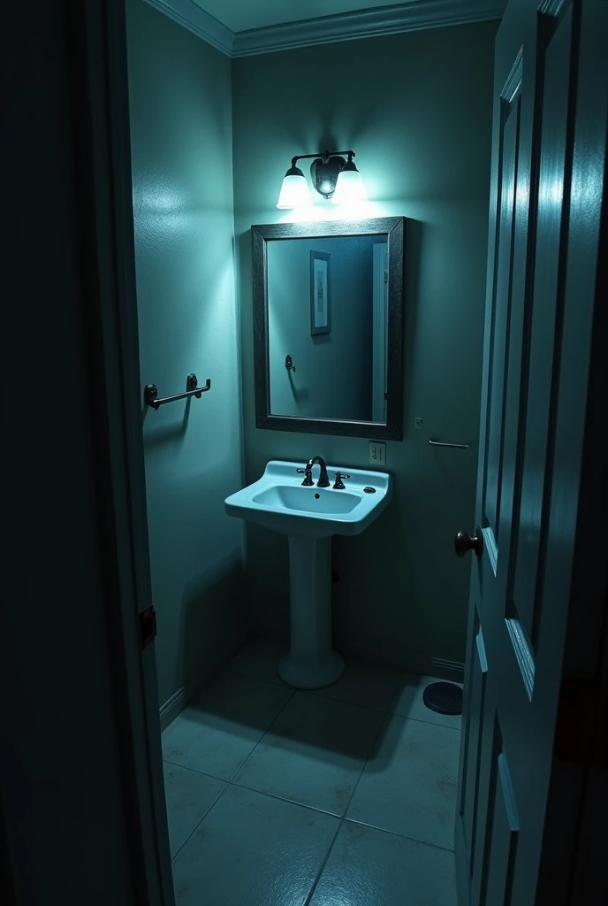 the bathroom, seconds later. The light returns, but the mirror is intact. Lucas disappeared. An eerie silence fills the space.