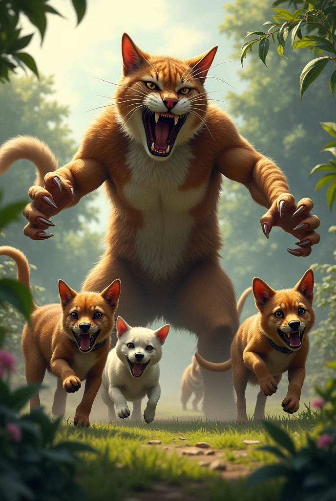 **Whiskers Chasing Away the Dogs:**
   - **Prompt:** "A dramatic scene where Whiskers, the cat-human hybrid, is seen driving away a group of scared, retreating dogs from a garden. Whiskers stands tall and fierce, his fur bristling, and his clawed hands outstretched as he growls at the fleeing dogs. The dogs are shown running away with expressions of fear and surprise. The sky is clearing up as sunlight begins to break through the clouds, symbolizing the victory of Whiskers in protecting his kitten."