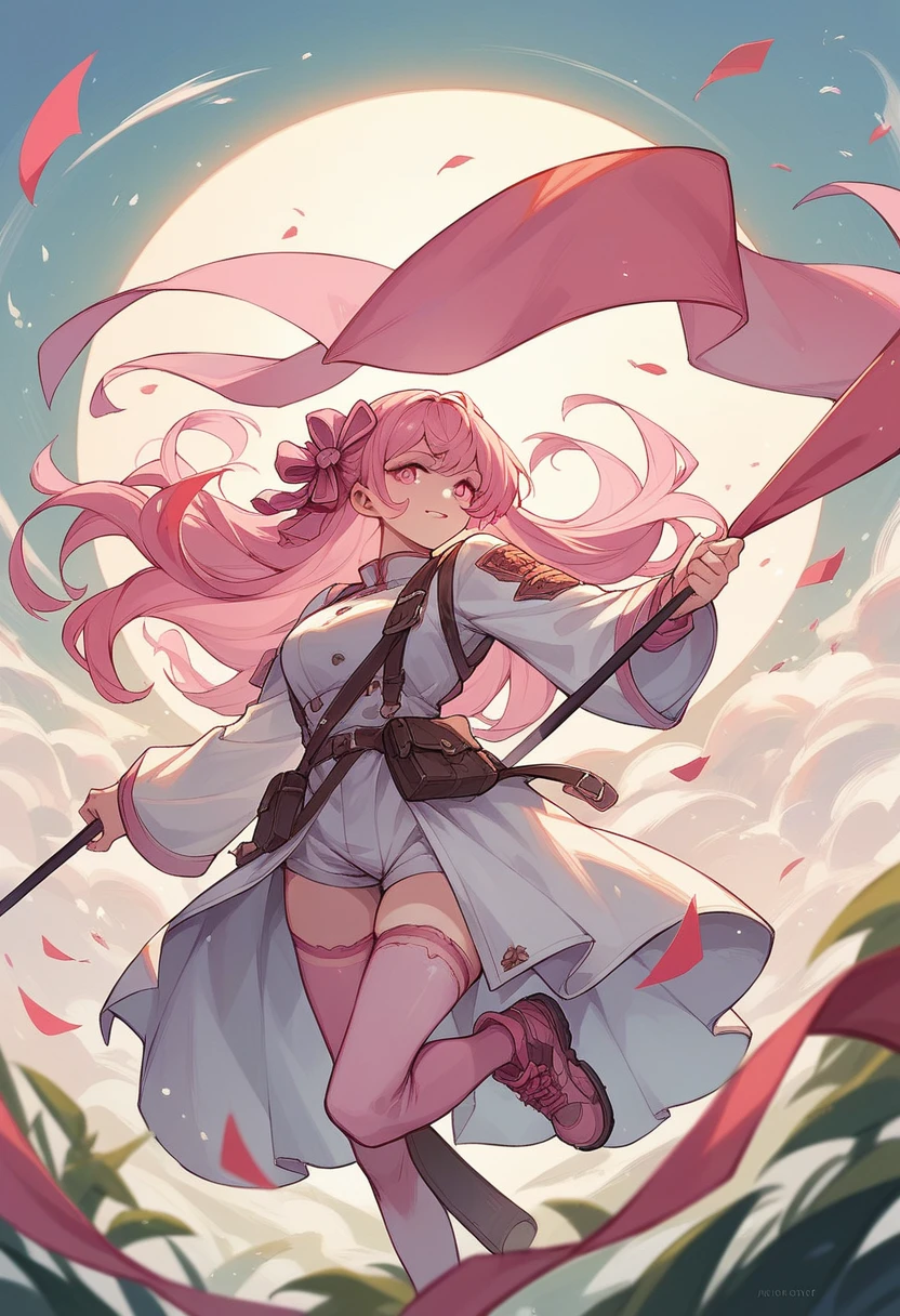 Pink long hair, pink eyes, hold country flag