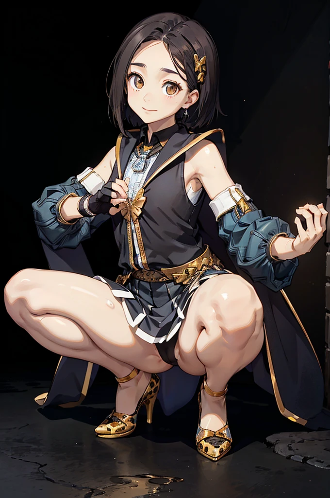 Black background with spotlight,1people々((White skin:1.5,Dark brown eyes:1.4,Black Hair:1.3,Gal Style,big ,)), Leopard print underwear、rinwell , beautiful girl、Raise your hands to show your sweaty armpits,peeing、squatting、spread legs、high heels、shoes、hands on knees、touching vagina、