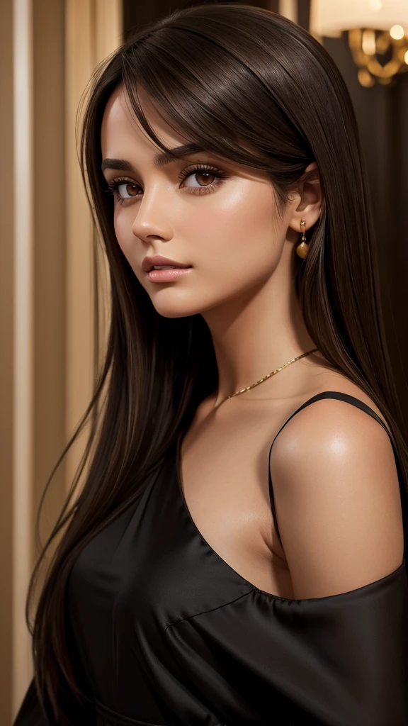 Beautiful brunette girl with brown eyes and shoulder length hair wearing casual black dress in luxury hotel photo shoot close up face 