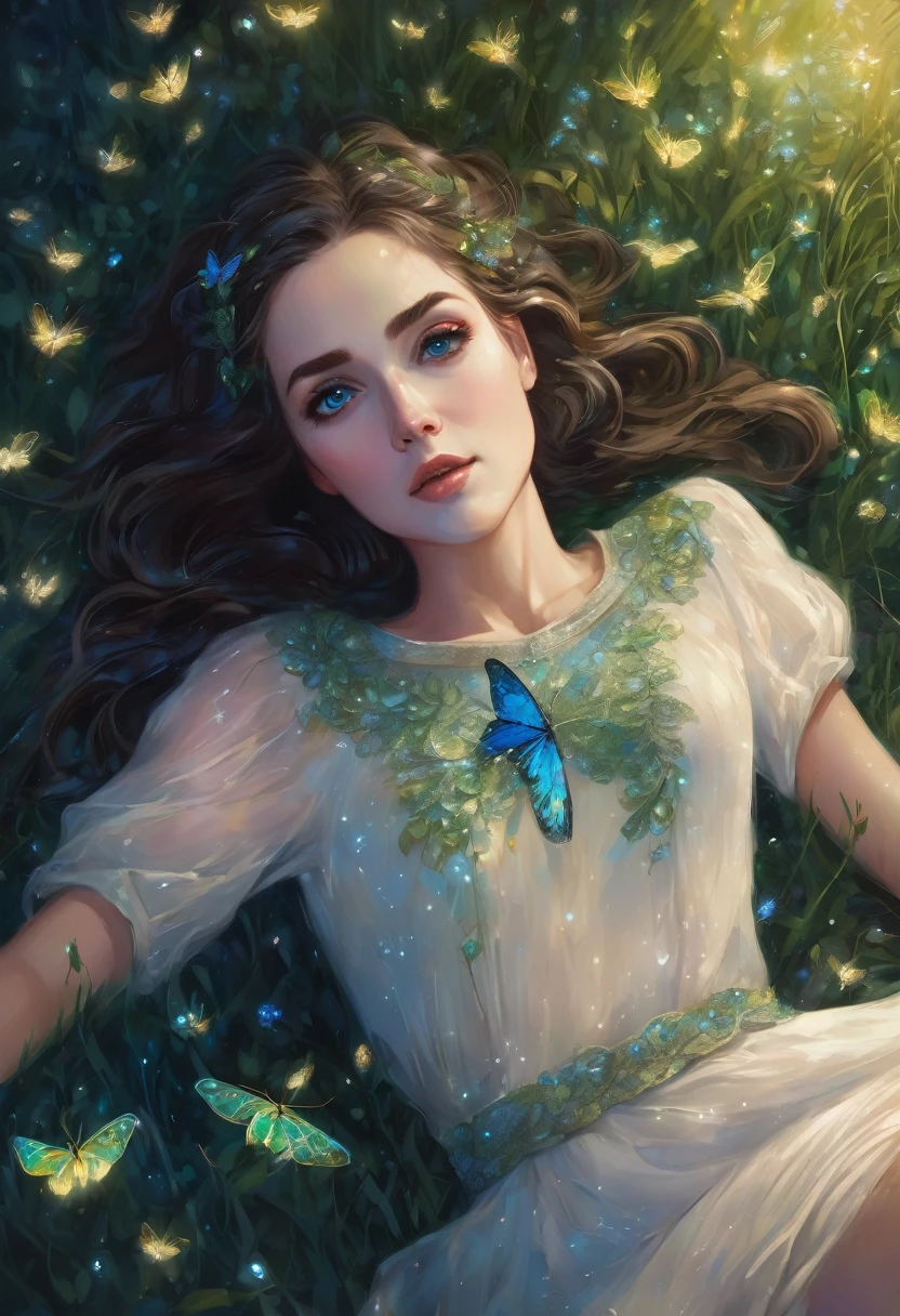 A digital artwork resembling a photograph of an adorable woman lying on the ground, looking directly at the viewer with big and blue, expressive eyes. The short dress of the woman is revealing and beautiful, with each fibre finely detailed and shimmering with tiny fireflies under a dimly lit night sky. Leaves gently fall around it, adding to the magical, serene atmosphere. The scene is set on a rough textured surface that resembles wood. The color palette is dominated by shades of green and white, emphasizing a chilly, enchanting ambiance