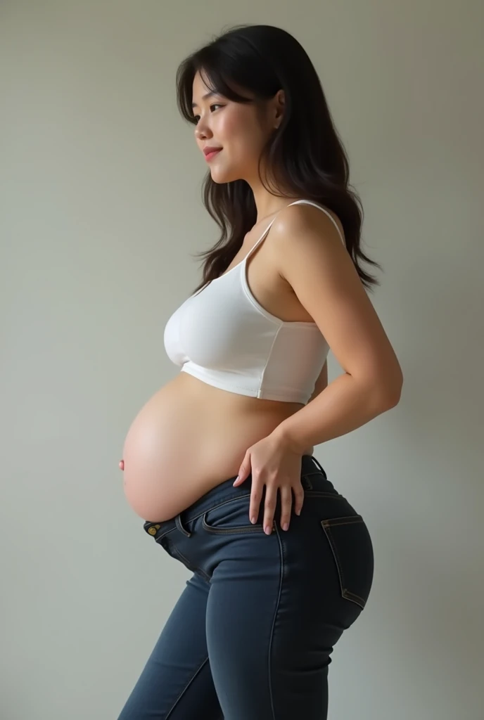 Beautiful Asian woman gains 70 kg. The pants are very tight and you can see a roll in the hips because of the tightness of the pants.. backwards