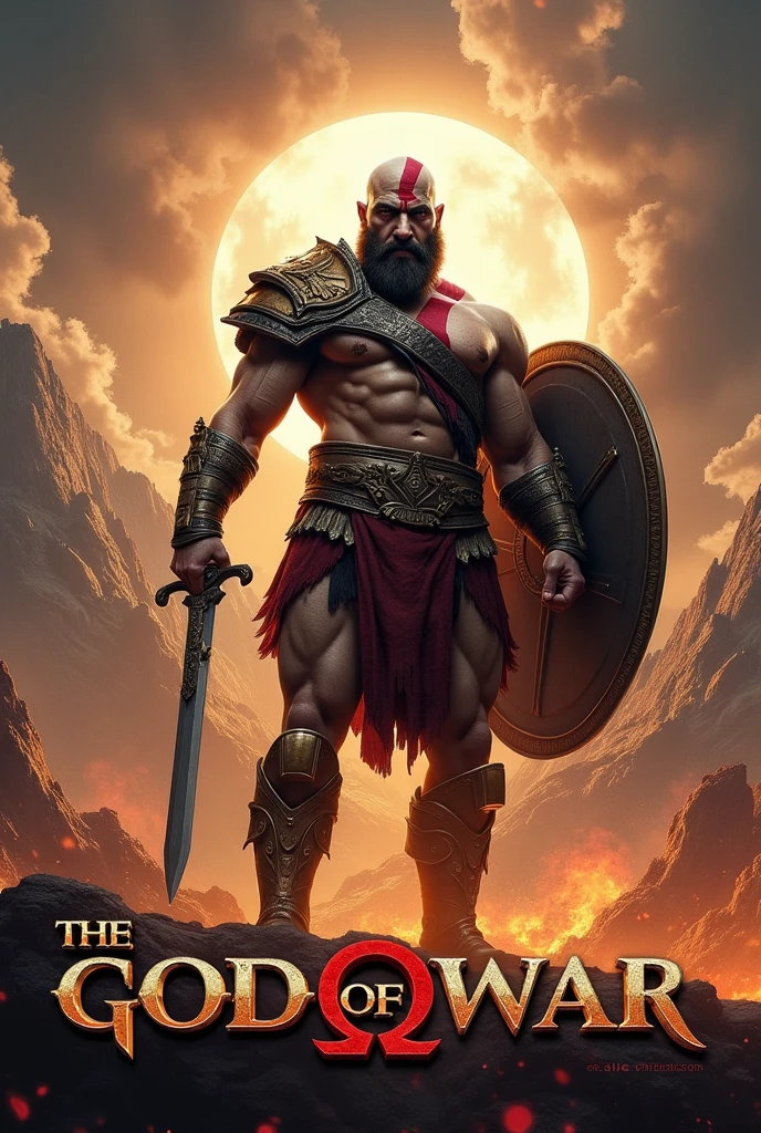 A powerful and realistic Movie poster with the title "THE GOD OF WAR" images and title must be bold and visible.