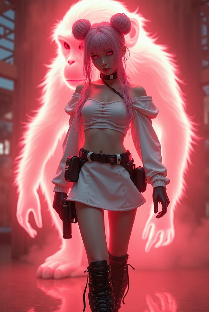White miniskirt dress with black boots、Full image of a girl in combat gear with pink eyes、Monkey Background、Ghost of a monkeyのオーラが背景、Pink eyes and twin bun hair、A beautiful girl in a white one-piece dress and combat gear is surrounded by a red monkey aura in the background.、Full image of the girl、Smaller breasts、Ghost of a monkey、Ghost of a monkey

画像全体を枠内に収まるように。