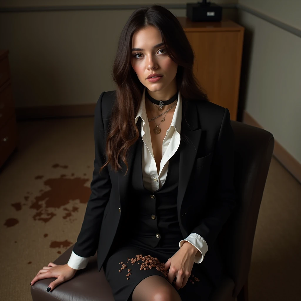 A super realistic photo of one slender business lady, model-like appearance with long hair. She is dressed in a long and black business pencil skirt made from cotton fabric, black  business jacket made from cotton and wool fabric. black business vest, white muddy shirt, stockings, black choker on the neck. She located in very muddy office. She sitting in flirtatious and modest pose and smears few very small drops of the  ice cream that she spilled on herself onto her clothes. The studio light brilliantly illuminates all her clothes in details, casting small shadows and emphasizing the texture of the chocolate on her clothes. Please focus on stains of liquid ice cream on her clothes. View angle of the camera from top and left from the business lady.