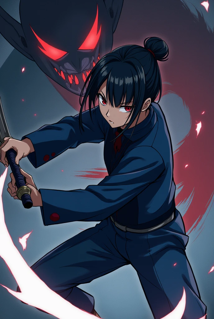 demon slayer style:Kimetsu no yaiba, Girl with short, updo hair fighting a demon,and has the same uniform as Shinobu only without haori 