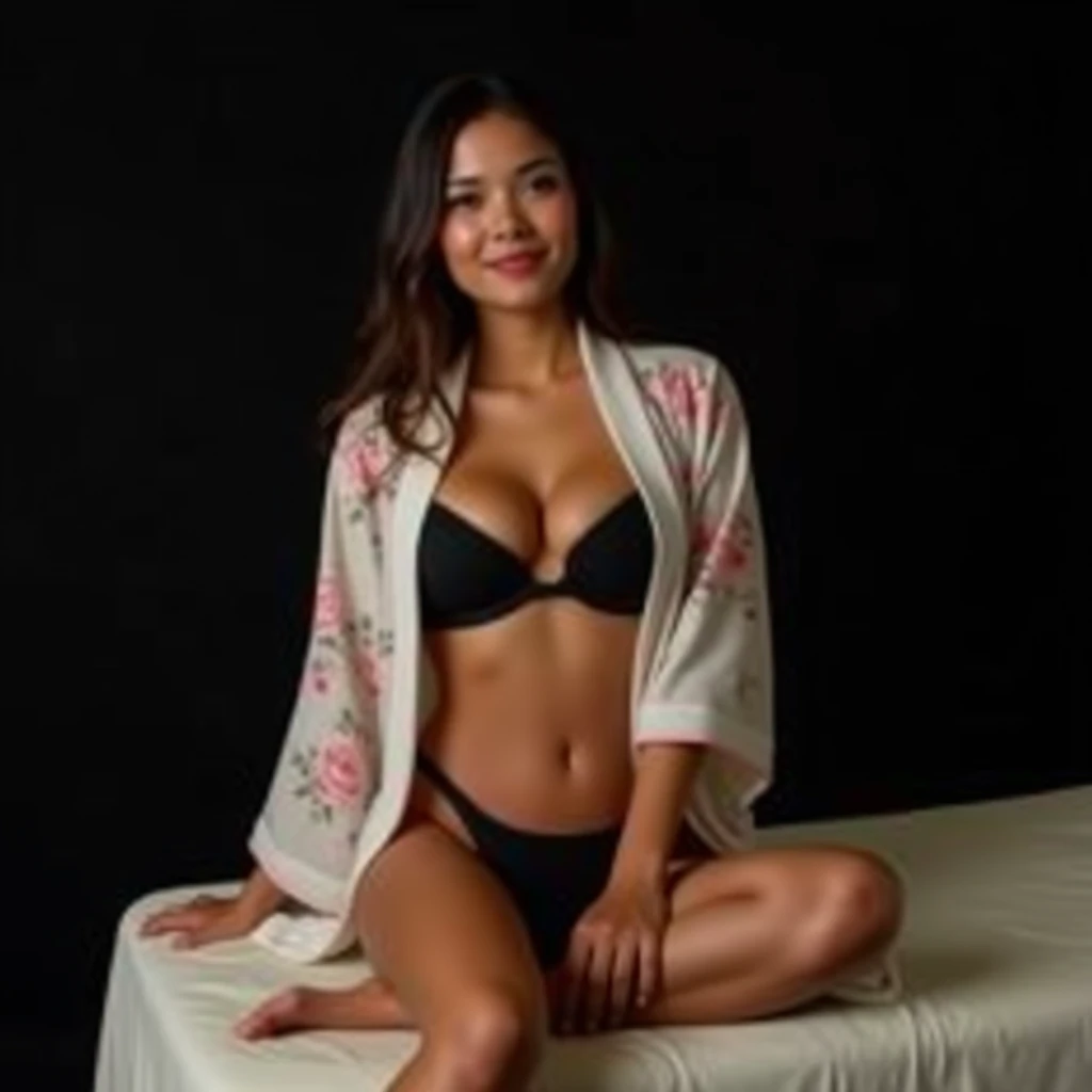 Latin woman, 18 years, wearing asian kimono showing huge breasts, showing legs, sitting on massage table, Photo studio, Black background