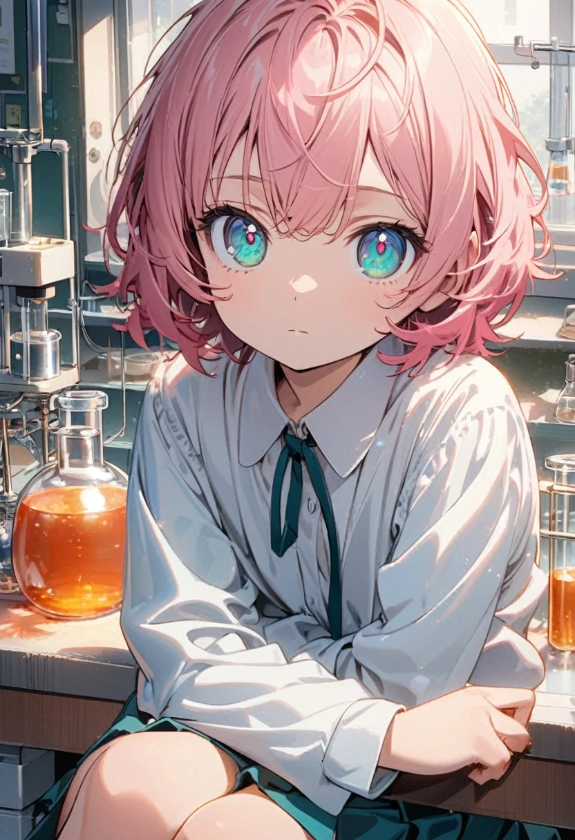 Haibara Ai \(Meitantei Conan\), (short hair), (bright soft pink hair), (teal eyes):1.2, (), (Girl school uniform), ((expressionless)), ((ultra-detailed)), ((illustration)), ((shaggy hair)), (beautiful detailed eyes), (female), 1girl, (sitting), ((laboratory, morning)), looking at viewer