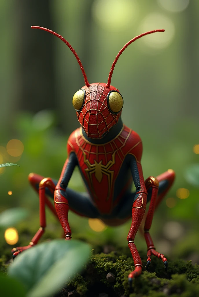 ultra realistic 3d animation grasshopper dressed as spiderman complete with red black yellow gold spiderman head golden yellow glowing eyes on leaves forest background focus image