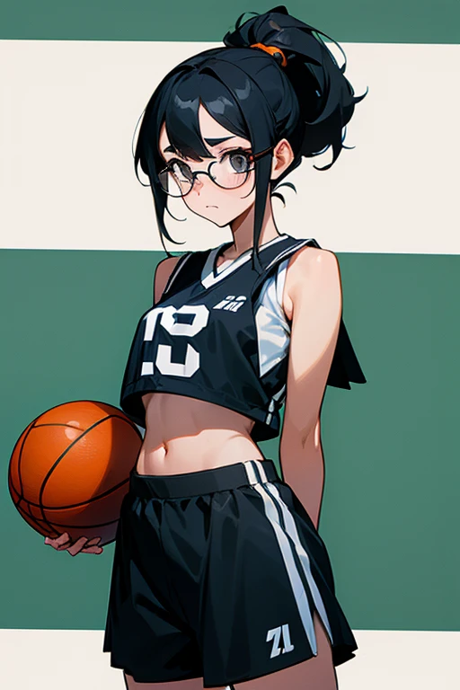A girl wearing glasses, tied up her black hair, in a basketball outfit with a crop top and shorts, looking shy.