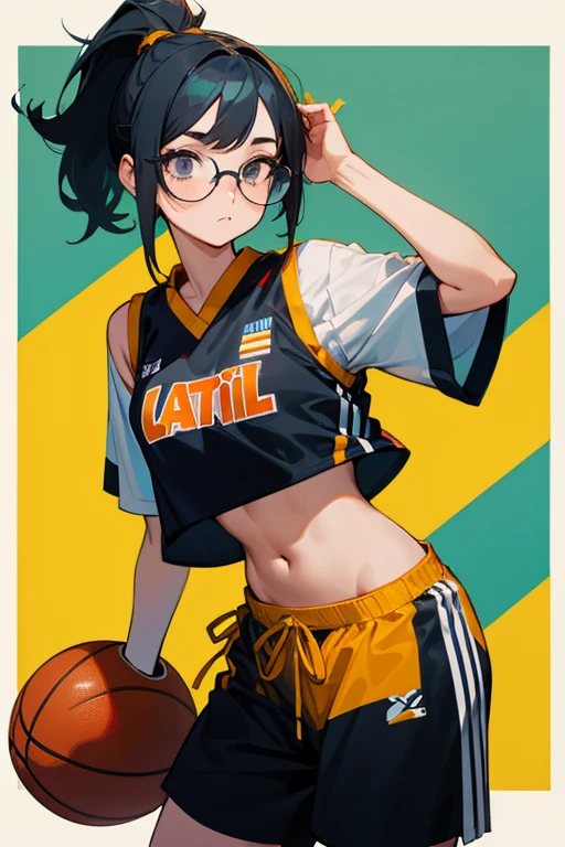 A girl wearing glasses, tied up her black hair, in a basketball outfit with a crop top and shorts, looking shy.