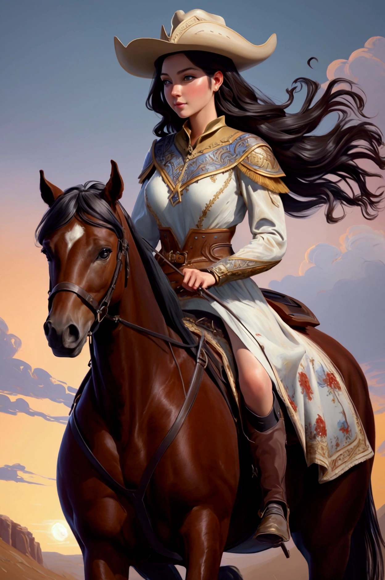 nature of a woman on horseback in a dress, beautiful painting, beautiful character painting, oil painting style, beautiful painting, put on a horse, western art, gorgeous painting, riding a horse, western painting, elegant oil painting, knightgirl,
