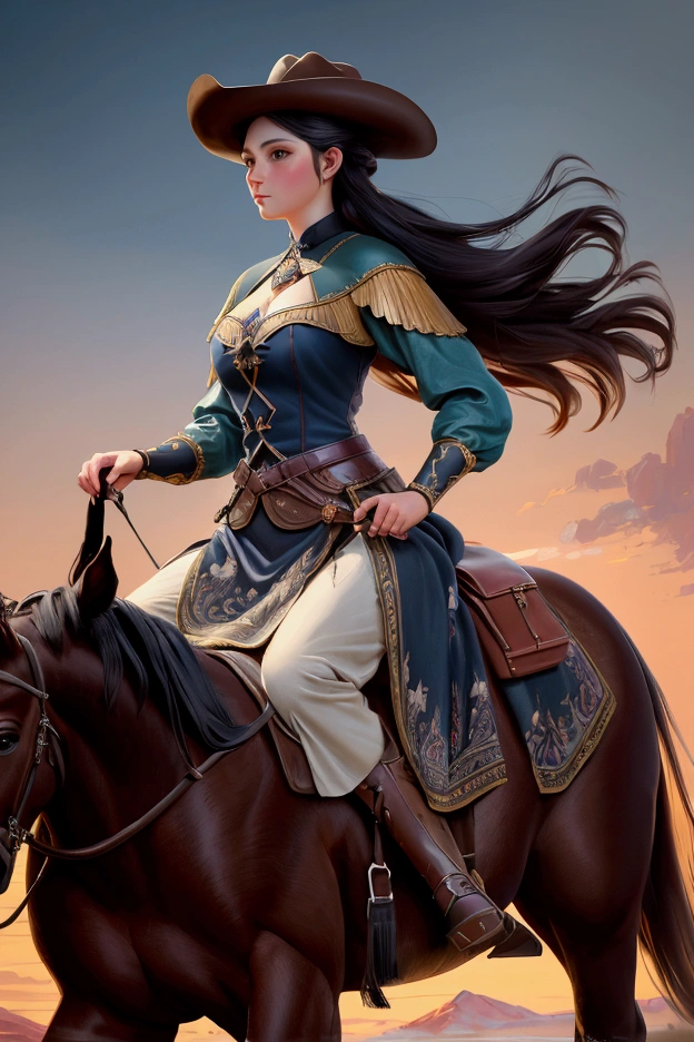 nature of a woman on horseback in a dress, beautiful painting, beautiful character painting, oil painting style, beautiful painting, put on a horse, western art, gorgeous painting, riding a horse, western painting, elegant oil painting, knightgirl,