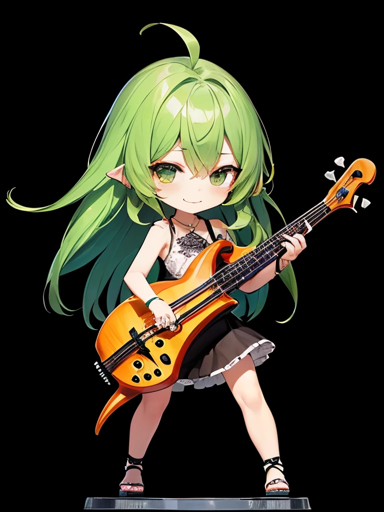 (((Metal Band)))、A little smile、The view from the live house、Green-haired chibi character、Green hair and long hair、A small character playing while standing on both feet、A beautiful depiction using tens of thousands of colors、masterpiece、Ultra HD、super high quality、8k、(((A chibi character playing a 4-string bass)))、(((Delicate 4-string bass)))