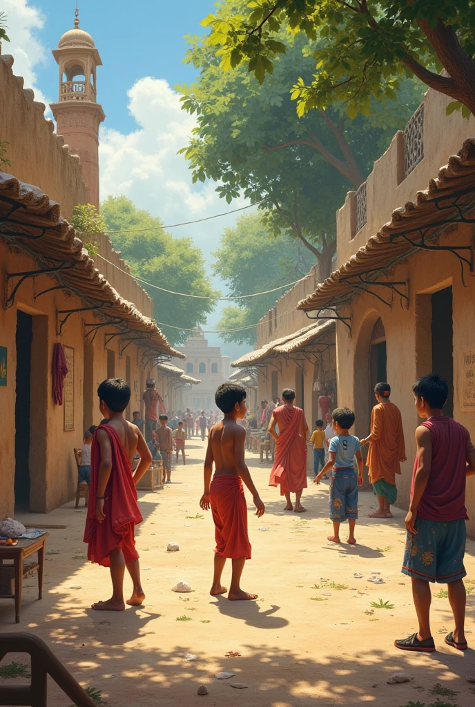 अमृतसर का एक पुराना गाँव, जहां बच्चे खेल रहे हैं, और गामा पहलवान एक छोटे बच्चे के रूप में कुश्ती का अभ्यास कर रहे हैं।)