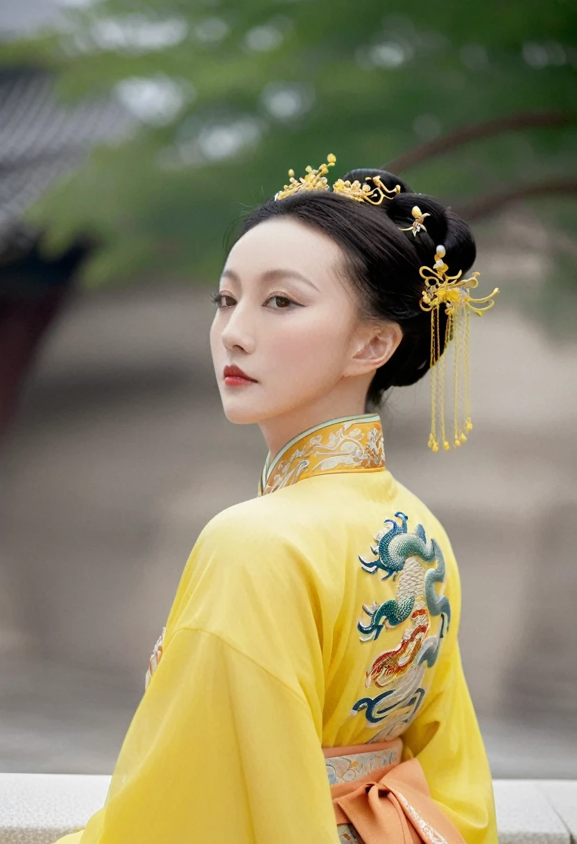 The empress of the Qing Dynasty is wearing a Hanfu with small yellow dragons embroidered on it, but she is naked and has only her buttocks rolled up to expose them. Her profile is visible from behind, and the background is the stone paving of the Qing Dynasty palace.
