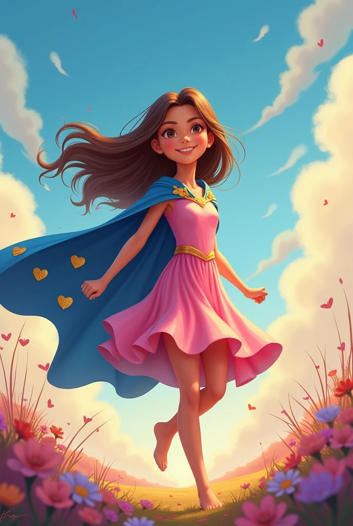 Create an image from a story where you can see a superhero girl in a pink dress putting on her blue cape with golden hearts