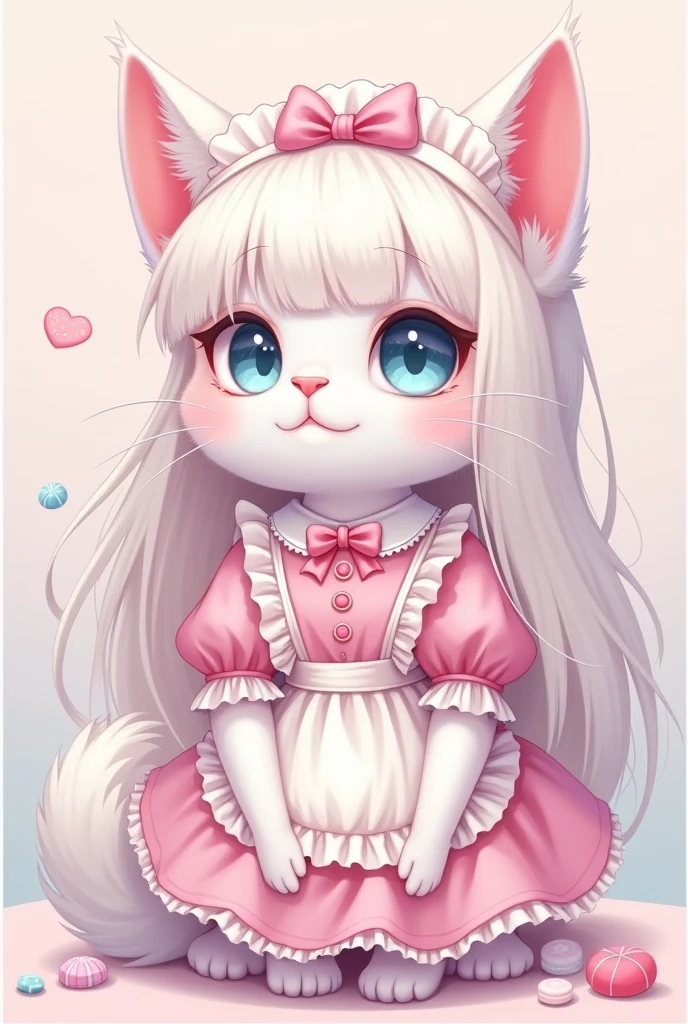 >furry cat with white hair, big pastel blue eyes, long hair with pastel pink bangs, with a maid-type dress but with something to do with sweets and preferably pastel pink, preferably 2D