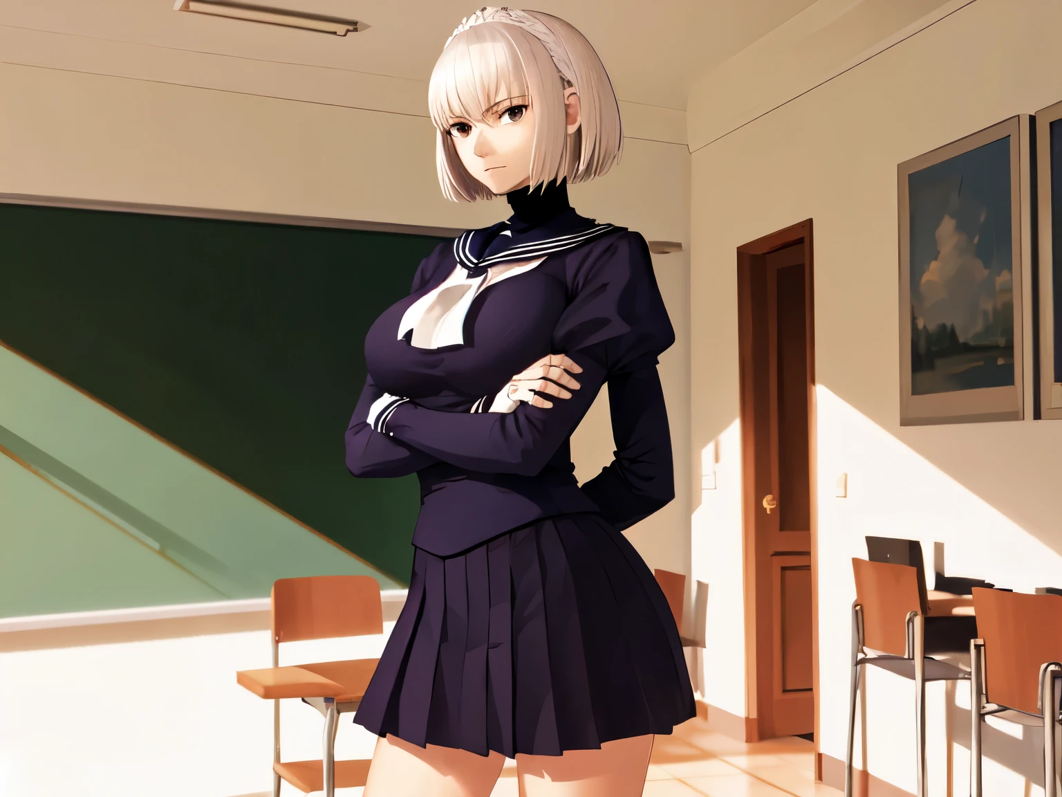Arcueid Brunestud, from knees to head, Arms crossed with two arms.,standing with a glaring expression and arms crossed, beautifully detailed hands, modern sailor uniform, bright modern classroom background, 4K, large breasts.