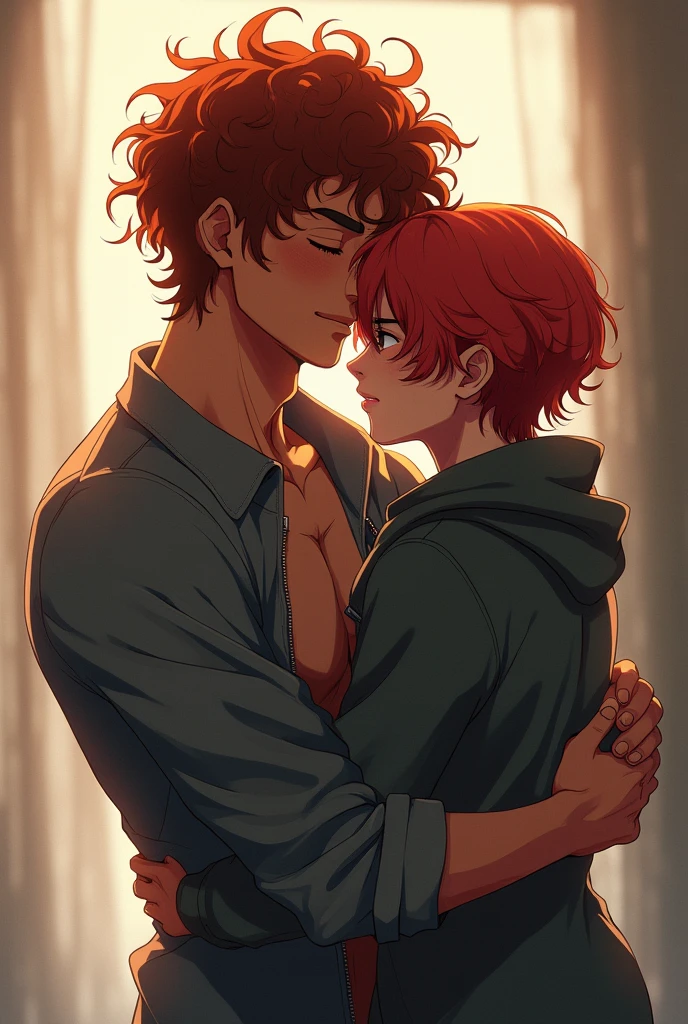 Tall man in his 30s with curly red hair hugging another 22-year-old boy, straight red hair with somewhat emo hairstyle, lower than the first, in anime style