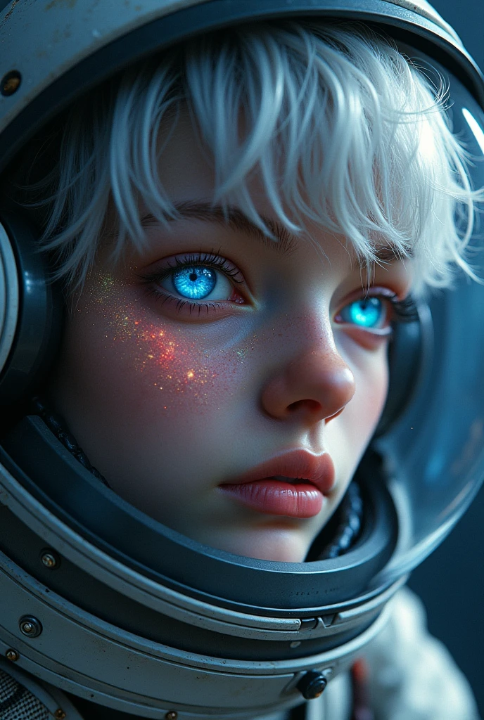 (Close-up of a better masterpiece:1.5)0.9], (Space and astronauts:1.2) (Messy silver hair:1.1) (Heterochromia xanthochromia and blue eyes:1.2) (Space Helmet:1.0) (Colored stars in the eyes:1.0) (A radiant glow:1.1) (thick lips:0.9)