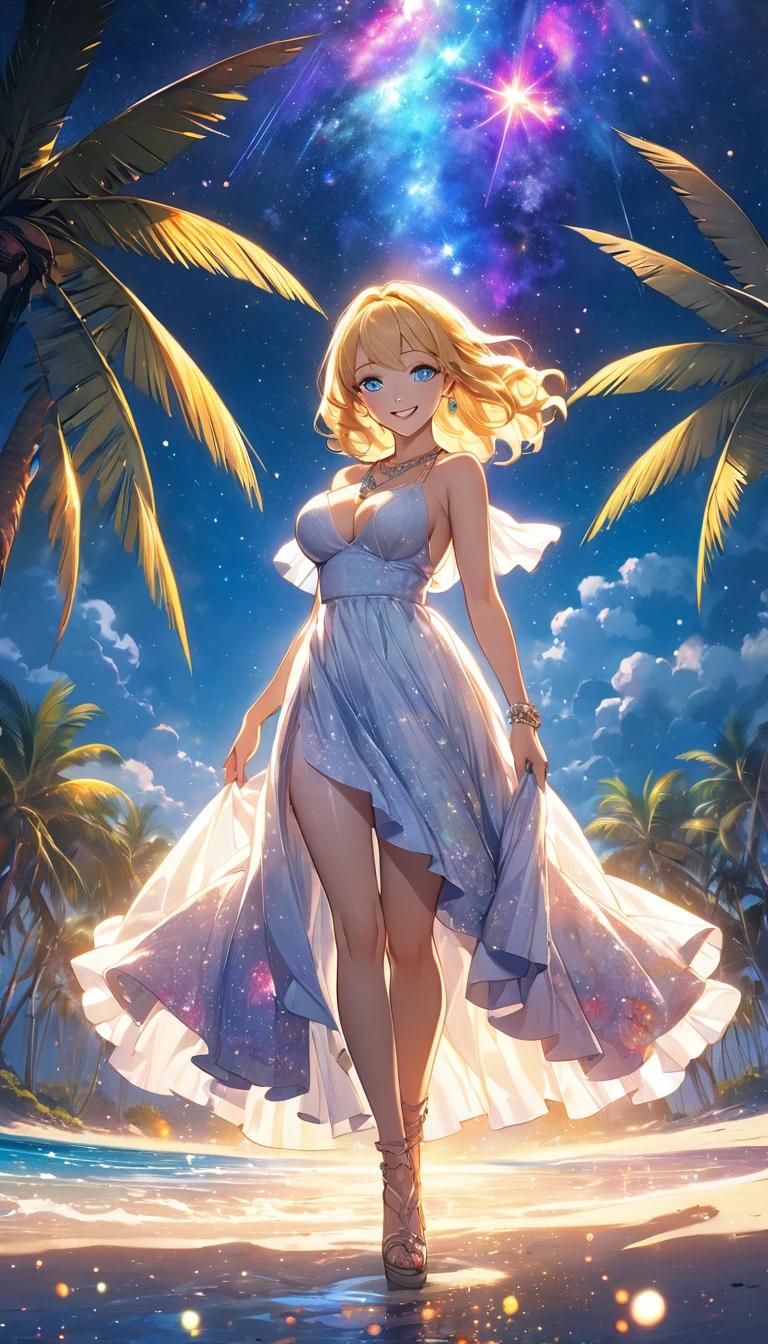 (masterpiece、Highest quality、8k、High resolution)、Best Style、(The most beautiful girl in anime)、(Clear skin、Clean blue eyes、Beautiful lips、Beautiful nose)、smile、Beautiful white upper teeth、Blonde Hair、Ample breasts、Walking on the beach、Palm tree、Beautiful starry sky、milky way、(Body、whole bodyからMystical particles of light、Mystical particles of light、Mystical particles of light、Colorful Light、Vibrant colors)、The area around the head is brightly lit with a mysterious light.、Vibrant colors、(jewelry、necklace)、dress、(whole body)、Highly detailed anime art、A complete portrayal、