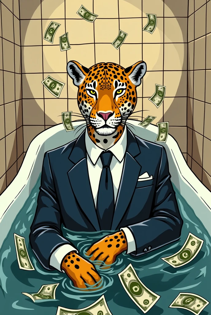 leopard in a suit inside a bathtub wasting money cartoon