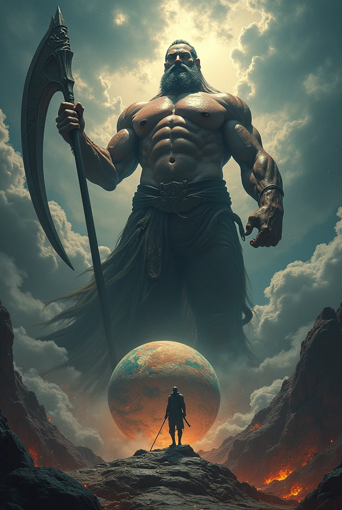 drawing a huge character so big that he covers the multiverse in his hand he is holding the Earth in his right hand he is holding the scythe of death he is shirtless with a rippling six pack under his feet he is smashing Jupiter.drawing a huge character so big that he covers the multiverse in his hand he is holding the Earth in his right hand he is holding the scythe of death he is shirtless with a rippling six pack under his feet he is smashing Jupiter