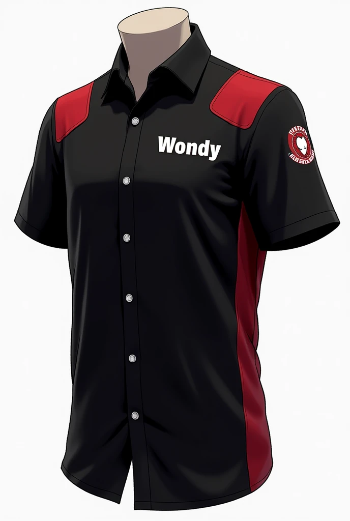 Uniform shirt with the name WONDY on the right side, average size, black color, Red and white with a modern design, simple and fun 