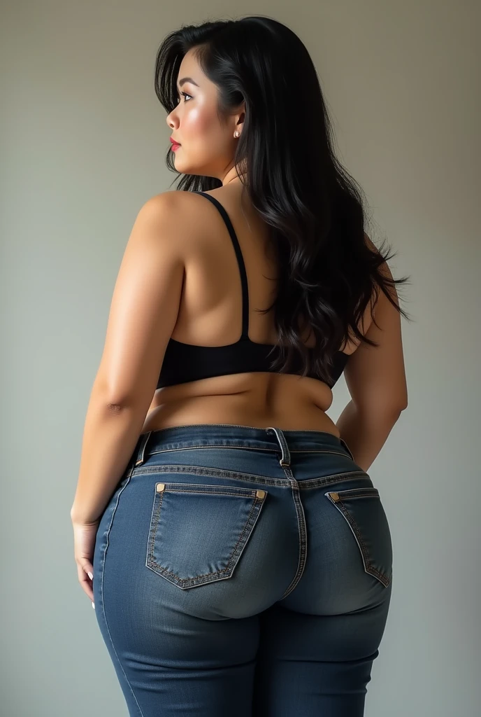 Beautiful Asian woman gains 70 kg. The pants are very tight and you can see a roll in the hips because of the tightness of the pants.. backwards, not on the side