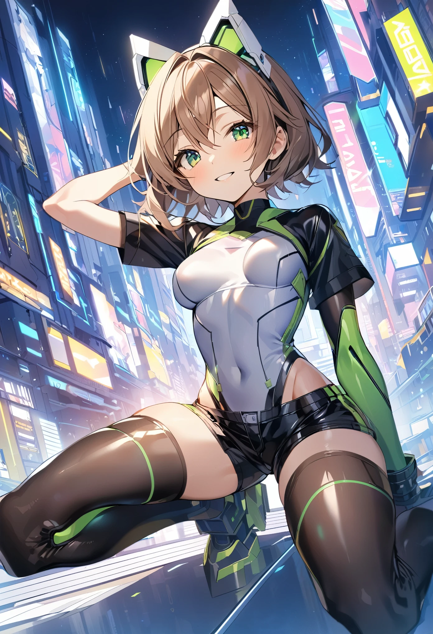 aile_megamanzx, kneeling with one hand on the ground and the other arm raised, 1girl, solo, short hair, brown hair, short sleeves, (latex_bodysuit), robot ears, green eyes, (very_short_shorts:1.5), short sleeves, short over long sleeves, smile, in futuristic city, , high quality, medium_breasts,crotch, slouch,groin,dynamic_angle,open_legs,