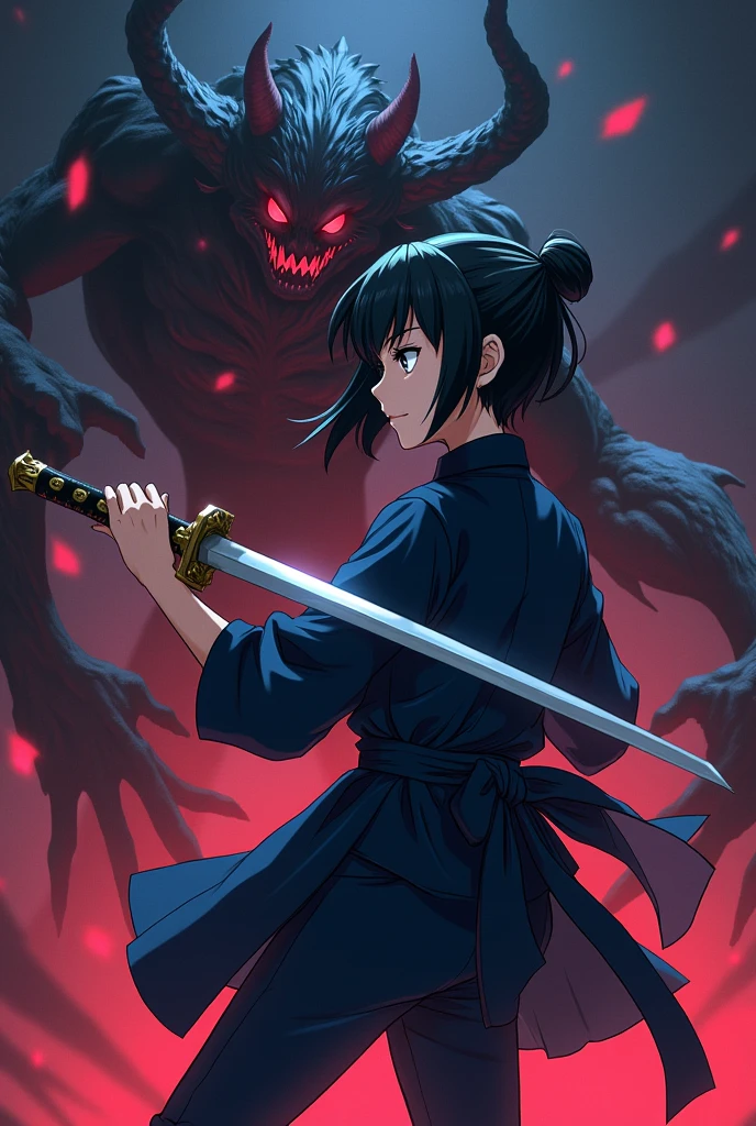 demon slayer style:Kimetsu no yaiba, Girl with short, updo hair fighting a demon,and has the same uniform as Shinobu only without haori